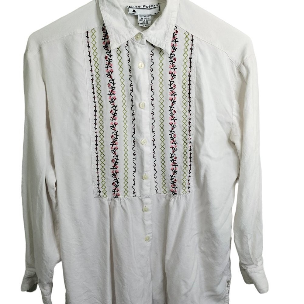 (882) Gina Peters Vtg 90's Off White Embroidered Button Down Top Size Small